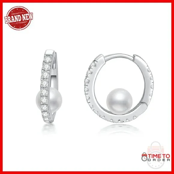 Sterling Silver Hoop Earrings with Pearl and Moissanite Halo Setting